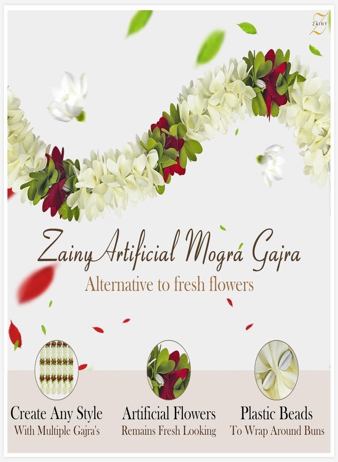 ZAINY 6 Pack Red White Mogra Artificial Gajra for Hair Indian Bun Braid, Traditional Veni, Gajra Bracelet, Jasmine Flowers, Bridal Hair Accessories for Women, Flower for Wedding, Floral Girl Accessory - Image 2